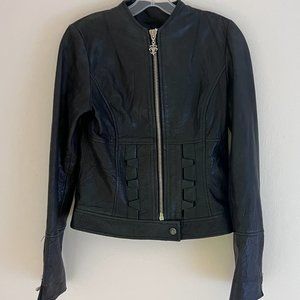 Royal Underground black leather/silk biker jacket moto cutout lattice soft